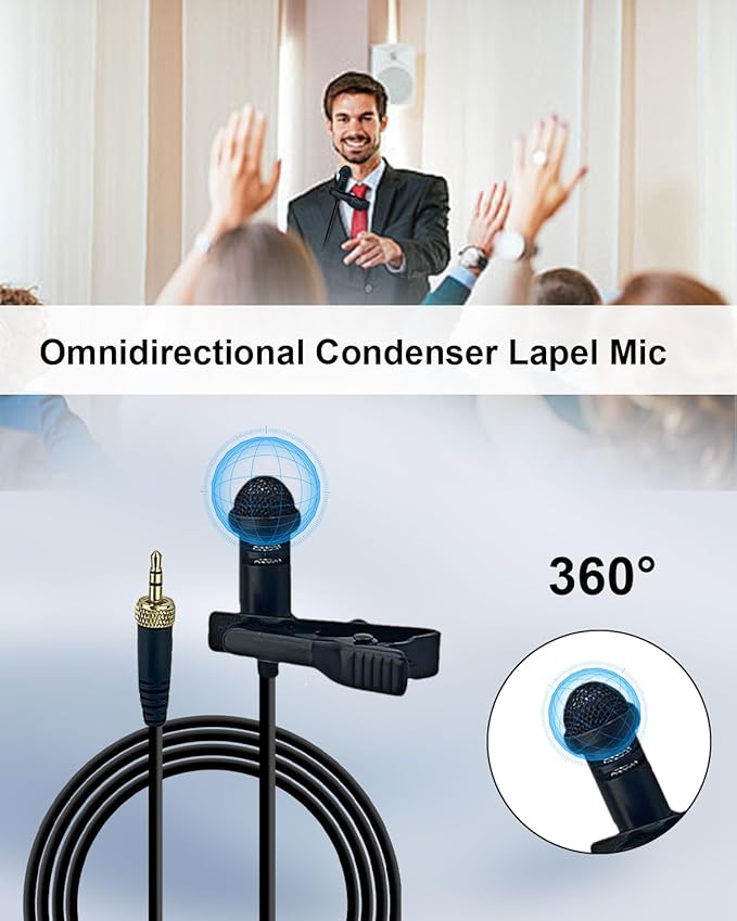 Lavalier Lapel Microphone Compatible with Sennheiser Wireless Transmitter, Omnidirectional Condenser Mic for Use on Stage Houses of Worship Presenters, 3.5mm Screw Lock Plug, Black