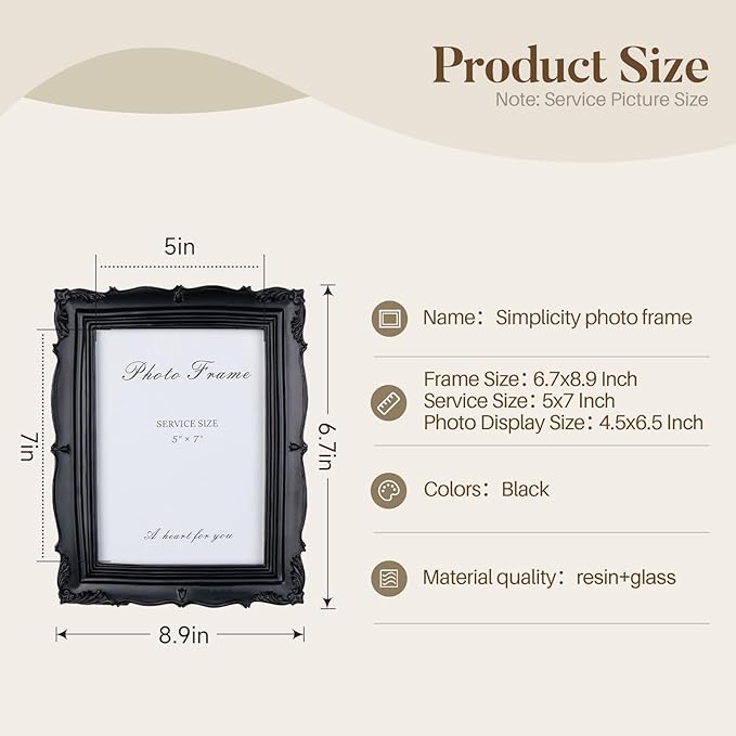 Cuspin Black Vintage Picture Frame 5x7, Gothic Frams Handmade Resin Photo Frame with Carved Texture & Glass Front for Tabletop Display or Wall Hanging, Black Home Decor