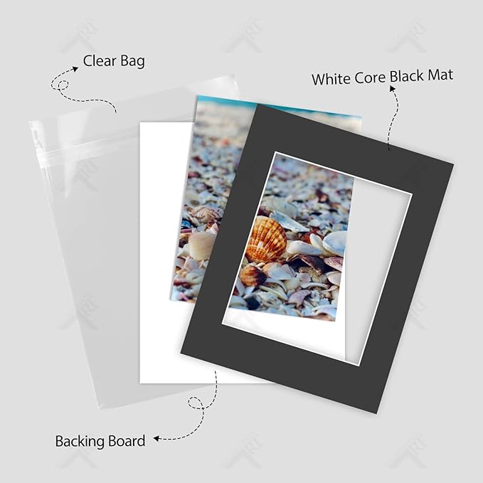 Golden State Art, Acid Free, Pack of 5, 11x14 Black Picture Mats Mattes with White Core Bevel Cut for 8x10 Photo + Backing + Bags