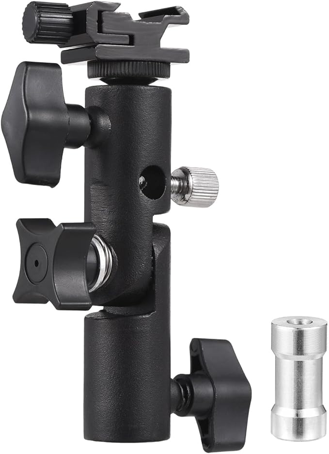 Qiilu Camera Flash Bracket, Bracket Flash Stand Bracket with Cold Shoe Mount 1/4 Inch & 3/8 Inch Screw Hole, Umbrella Mount Holder Flash Light, Universal E Type Metal Bracket for Most