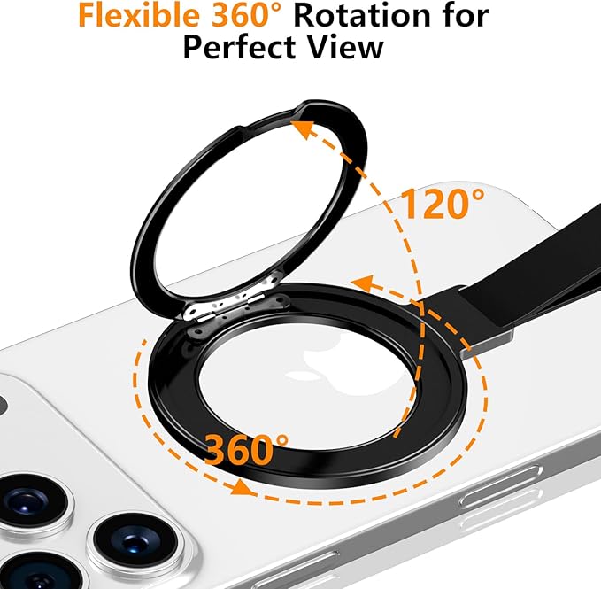 360 Rotation Adjustable Kickstand with Silicone Strap,Dual-Side Magnetic Ring Holder,for MagSafe Magnet, for iPhone 17/16/15/14/13/12 Air/Pro/Pro Max, Pixel 10,Galaxy S25 S24 (H-02 Black)