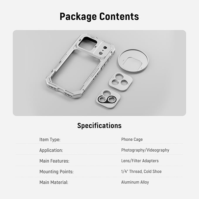 NEEWER 17 Pro Cage, Quick Release Video Rig Phone Stabilizer Compatible with iPhone 17 Pro with 67mm Filter Ring, 17mm Lens Backplate, T Mount Adapter Compatible with Moment, Silver, PA143