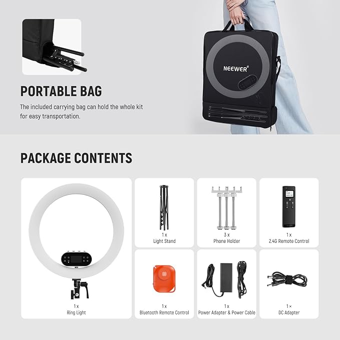NEEWER 19" 100W High Power LED Ring Light with Tripod Stand & 3 Phone Holders Compatible with iPhone, 2900-7000K CRI97+ App&2.4G Control Lighting for Selfie Video Recording Makeup Streaming, RH100B