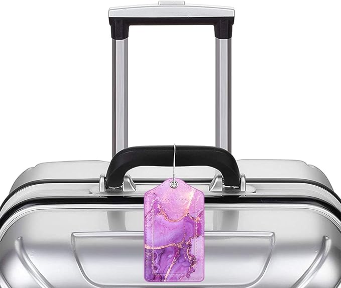 (Set of 2) Luggage Tag Leather Privacy Cover ID Label Address Card with Stainless Steel Loop, Travel Bag Tags Suitcase Labels,Purple Marble