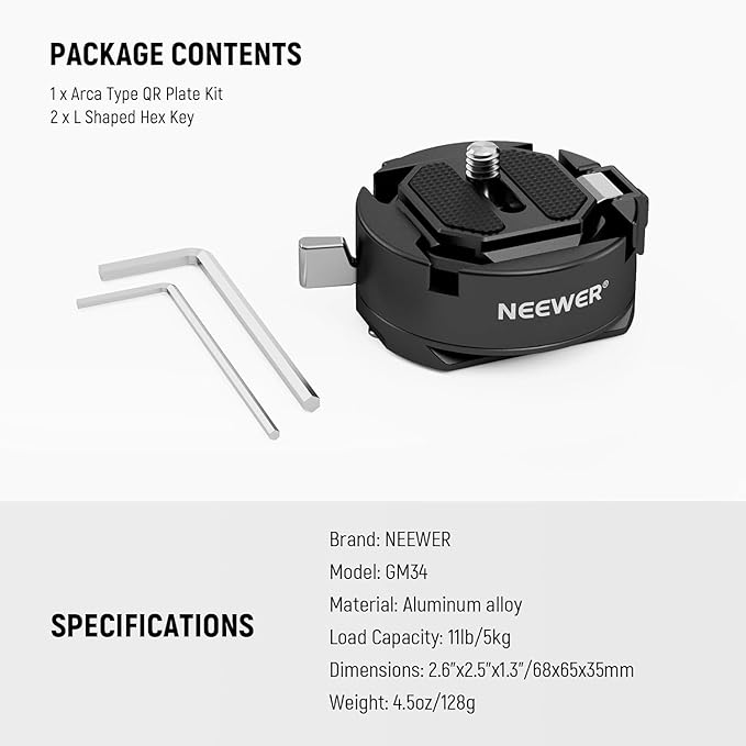 NEEWER GM34 Camera Quick Release Plate Kit, Quick Switch Auto Lock Square QR Mount Plate with Arca Type Clamp Base, Compatible with Arca Swiss Camera Clip, Max Load 11lb/5kg