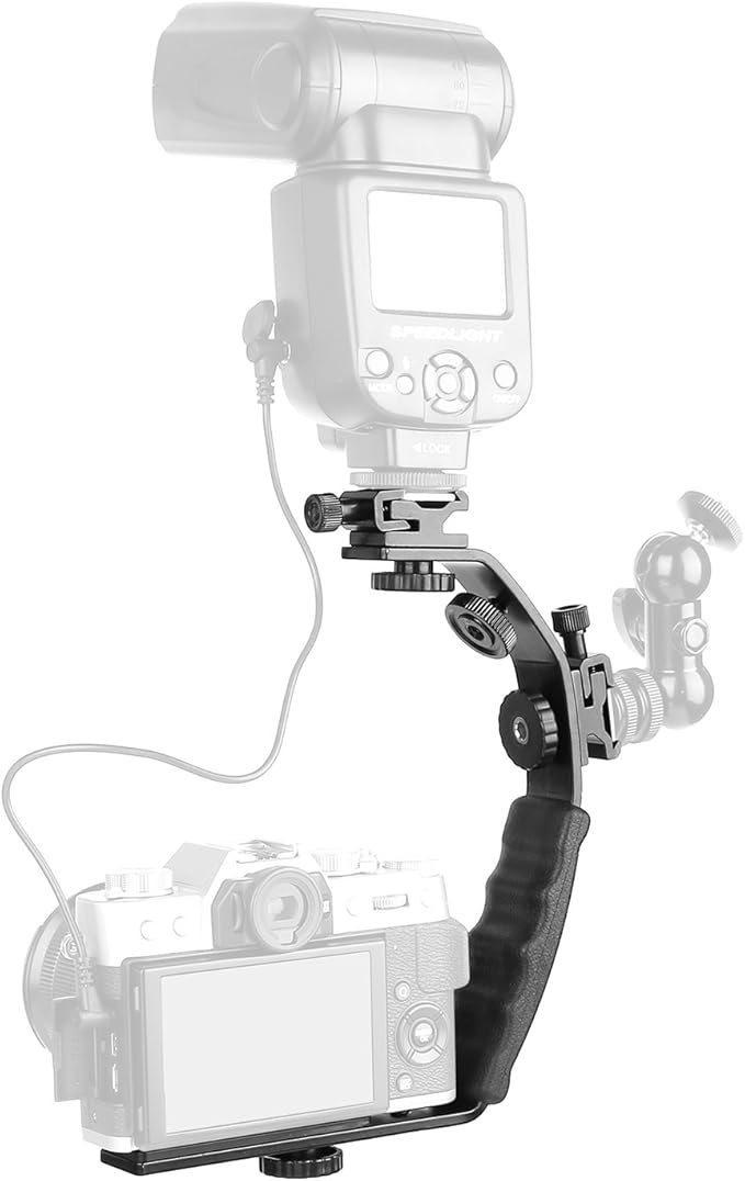 ChromLives Camera L Bracket Mount Video Grip L-Bracket with Dual Flash Cold Shoe Mount 1/4'' Tripod Screw, Heavy Duty Padded Hand Grip for DSLR Camera Camcorder (Updated)