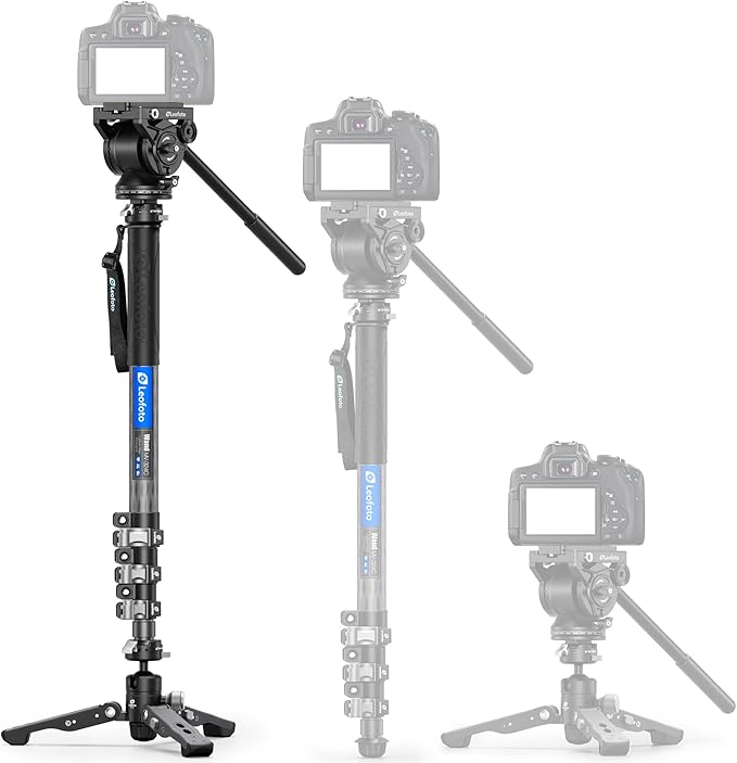 LEOFOTO Carbon Fiber Monopod with Removable Feet and Fluid Head, 63" Professional Telescopic Video Monopod for DSLR Video Camera, Folded Height 27"