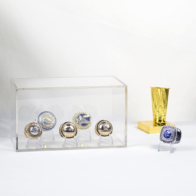 5 Ring Championship Ring Display Case, Clear Tournament Ring Holder Box, Acrylic Display Easel and Stand Holder for Multiple Rings Baseball Softball Football Cheer Leading Ring, Removable Door