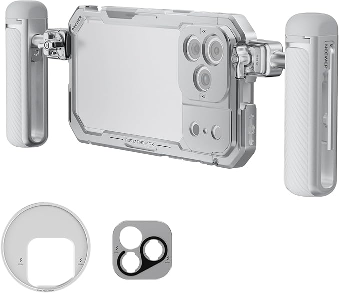 NEEWER Phone Cage Kit Compatible with iPhone 17 Pro Max Only, Video Rig Stabilizer Accessories with 67mm Filter Ring, 17mm Lens Backplate, T Mount Adapter, Two Quick Release Handles, PA144 (Silver)