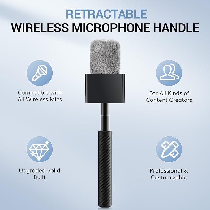 TONOR Wireless Mic Handle Compatible with DJI, RODE, Hollyland, Adjustable length Microphone Stand for ALL Lavalier Mic, Channel Flag Box, Rubber Grip, Wind Muff for Vlog, Reports, Interview, TP40