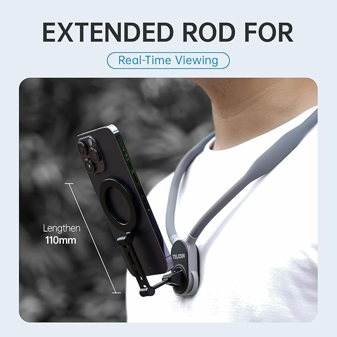 TELESIN° Max Magnetic Neck Mount for Phones, POV/Vlog Neck Phone Holder w Fixing Chest Strap Selfie Mount Hand Free Phone Neck Holder Stand Video Recording for iPhone Android Phones (Gray)