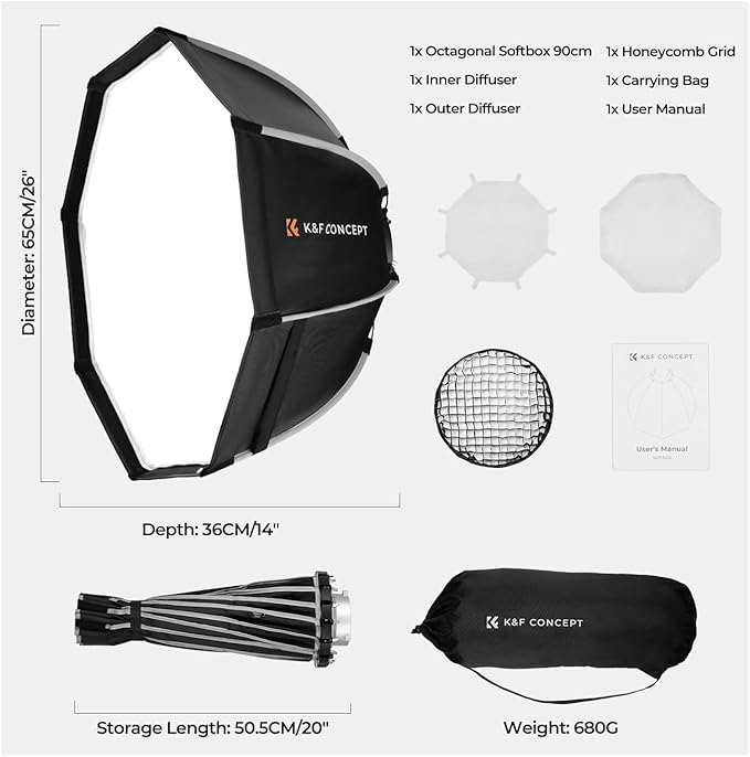 K&F CONCEPT 35''/90cm Octagonal Softbox, Quick Release Bowens Mount Softbox with Honeycomb Grid, Light Diffusers, Carrying Bag, for Photography Studio Speedlite Flash and Monolight