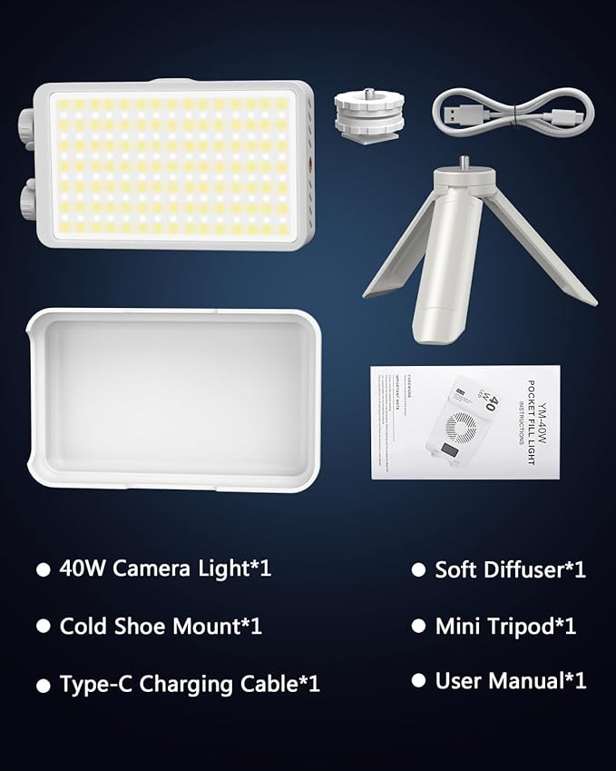 40W Portable LED Video Light, 4000mAh Camera Light, 3000-7000K, CRI/TLCI≥95, 215g LED DSLR Photography Lighting for YouTube/TikTok/Vlogging