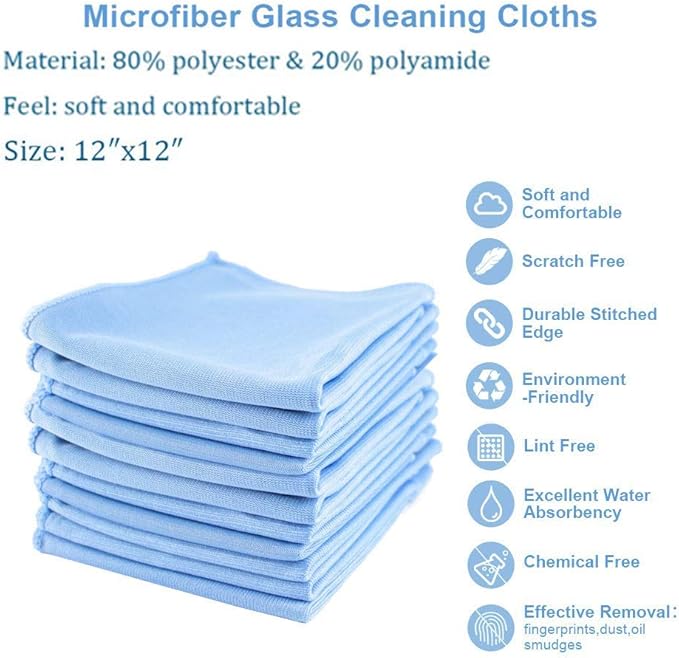 Microfiber Glass Detailing Cleaning Cloths-10 Pack (12" x 12")-Streak Free-Lint Free-Quickly Clean Windows,Mirrors,Windshield, Computer Screen,TV Tablets and Dishes