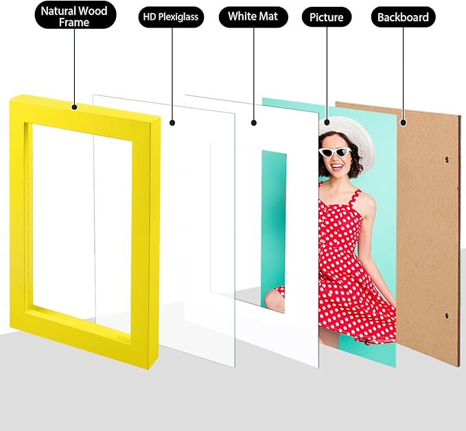KINLINK 4x6 Frame Yellow, Solid Wood 4 x 6 Picture Frame with Acrylic Plexiglass for 3.5x5 with Mat, Tabletop and Wall Display Photo Frames 4x6 Yellow, 4 Pack