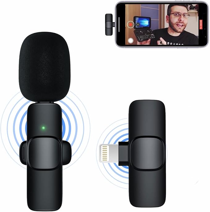 Wireless Lavalier Microphone for iPhone iPad, mini Lapel Wireless Microphone for Video Recording, TikTok Facebook Live Steam, Youtubers, Vloggers, Interview, Clip-on Plug & Play (Black)