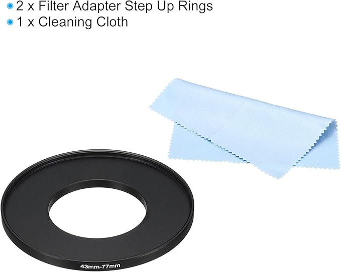 PATIKIL 43mm-77mm Metal Step Up Ring with Cleaning Cloth, 2 Pack Camera Lens Filter Adapter Ring Aluminum Filter Adapter Ring for Camera Lenses Hood, Black