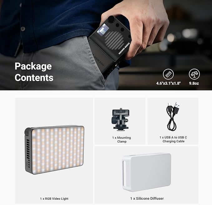 NEEWER BASICS BS40C Full RGB Magnetic Camera Video Light, 45W Boost Mode, Small LED Panel Lighting 4800lx/0.5m CRI95+ 2500-10000K 14 Scenes 5000mAh for DSLR Tripod Streaming Photography Vlog Recording