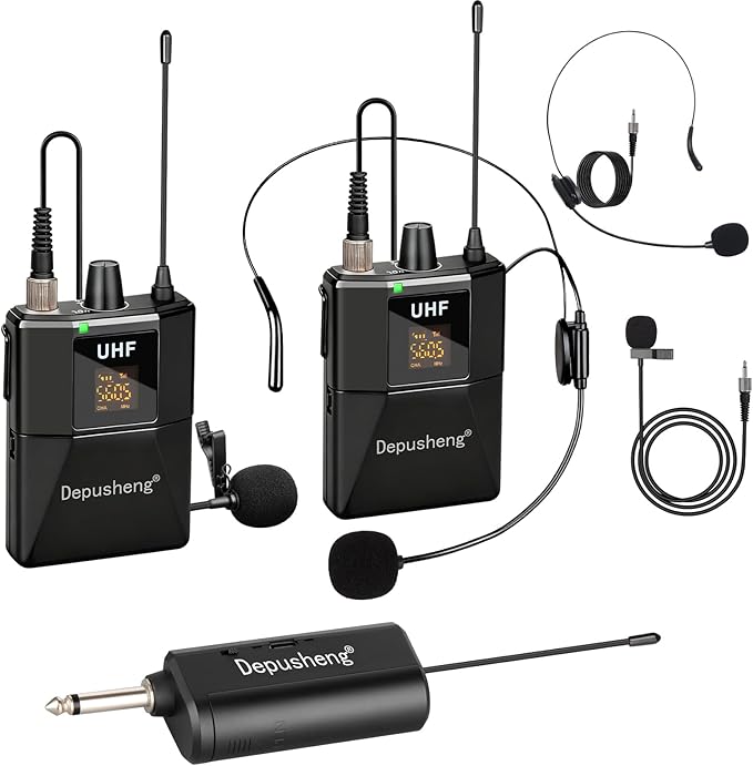 Depusheng UHF Wireless Microphone Headset System -Wireless Headset Mic System, with Lavalier Lapel Mics,200ft Range, 1/8'' and 1/4'' Plug for Recording PA Speaker,Conference