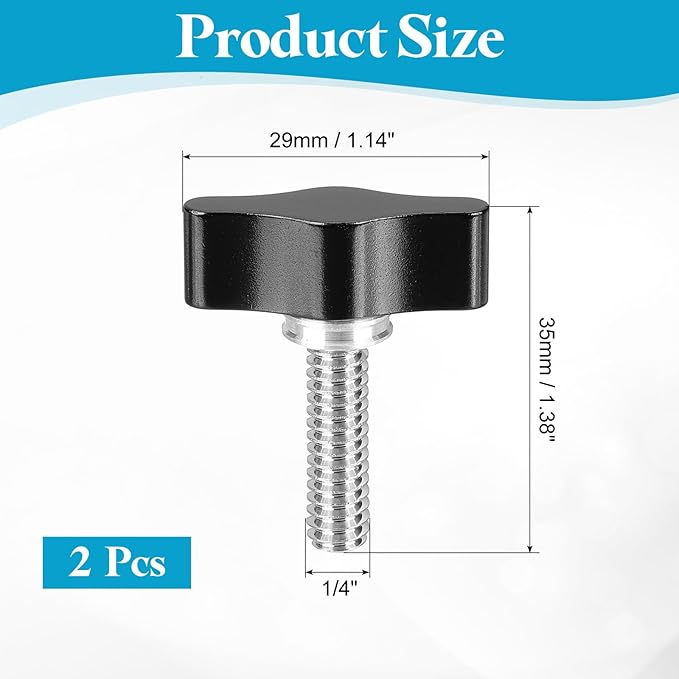 PATIKIL Clamping Screw Knob 1/4" x 1.38", 2Pcs Aluminum Alloy t Shaped Camera Thumb Screws for DSLR Flash Bracket Light Stand Adapter Action Sports Camera Mounting System, Black
