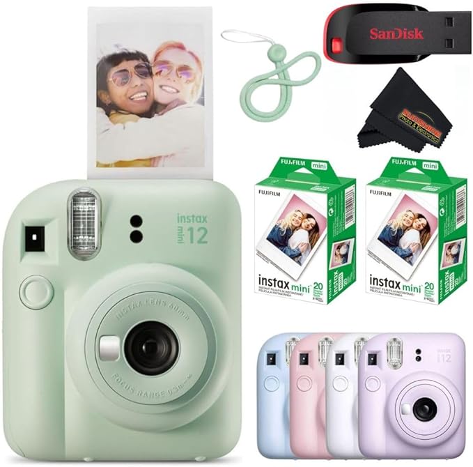 Fujifilm Instax Mini 12 Instant Camera Mint Green with Sandisk 32 GB USB Flash Drive + 40 Sheets Fujifilm Instax Mini Film and Sunshine Photo Microfiber Cleaning Cloth Bundle
