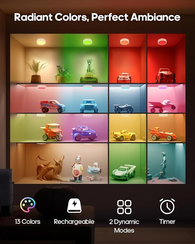 Puck Lights with Remote, 13 RGB Colors LED Under Cabinet Light, Rechargeable Battery Operated Under Cabinet Lighting Tap Lights, Stick on Lights with Dimmer and Timer（6 Pack）