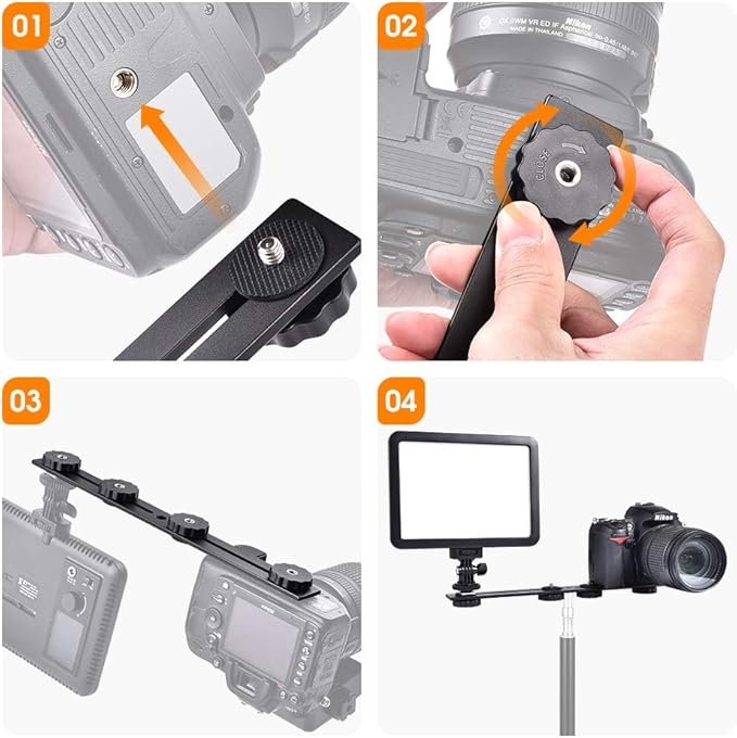 UTEBIT 11 inch Flash Bracket, Long Dual Camera Mount Flash Bracket Extension Bar with 1/4“ Hot Shoe, Straight Flash Brackets 1/4- 3/8 Thread Hole Tripod Mount for Camera/LED Light/Microphone