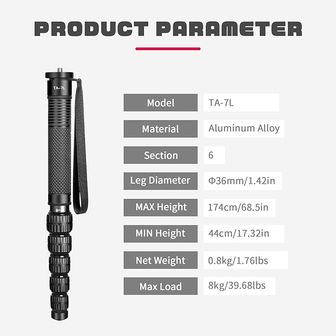 TONYBOO 68.5” Monopod for Camera, Φ36mm 6-Section Aluminum Camera Monopod Stand, with Wrist Strap, Rubber Grip, Twist Locks, Compatible with Photography DSLR Camera Mirrorless, Max Load 40 lbs - TA-7L
