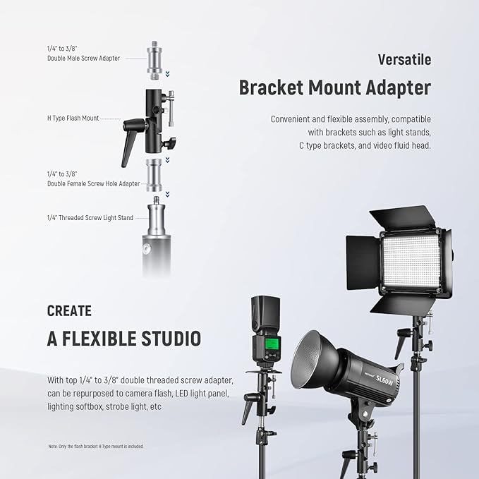 NEEWER Camera Flash Bracket H-Type Mount with Umbrella Softbox Holder, 180° Swivel Adjustable Metal Light Stand Adapter with 1/4" to 3/8" Screw Adapter for Speedlite LED Lamp Light Stand Tripod