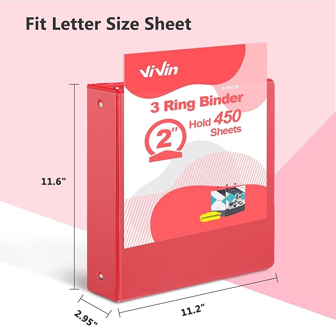 ViVin 2 Inch Round Ring View Binder for Durability, Standard 3 Ring Binder for 450 Sheets of US Letter Size Paper, PVC-Free, 6-Pack (Red)