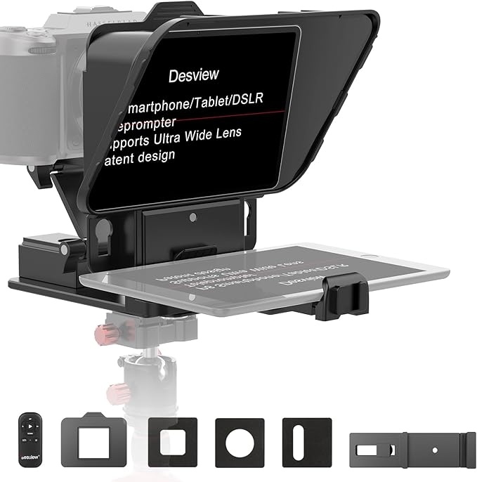 Desview P8 Universal Teleprompter for Smartphone Camera, DSLR Webcam Tablet up to 10" with Bluetooth Remote Foldable Design for Live Streaming Video Recording YouTube TikTok Videos