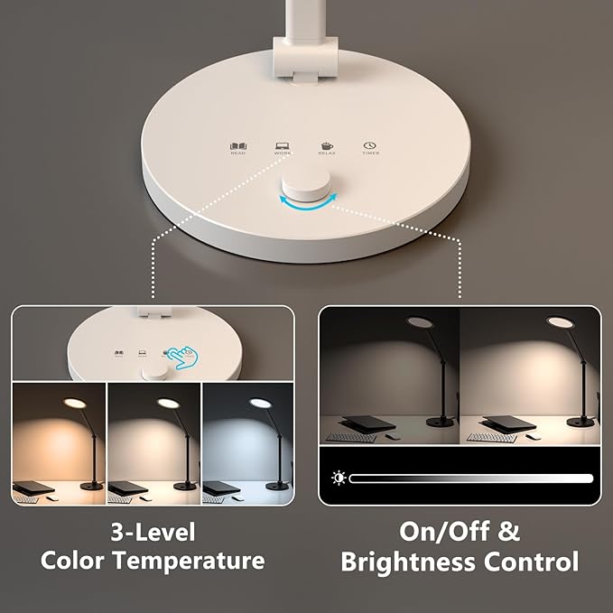 LED Desk Lamp for Home Office, Eye-Caring Modern Desk Light, 3 Color Temperature 10 Brightness Computer Light, Dimmable Desk Light with Memory & Timer Func, Metal Swing Arm Table Lamp (White)