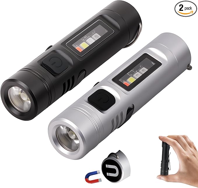 2 Packs Pocket Rechargeable EDC Flashlight, Mini Keychain Light with Magnetic Base and Side Clip, 500 Lumens Rechargeable Keychain Torch with 9 Modes for Camping, Travel (Black & Silver)
