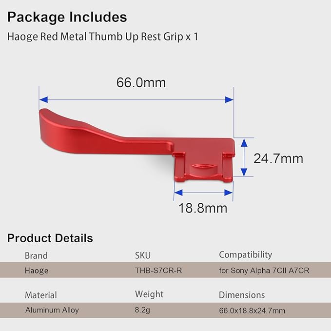 Haoge Thumb Hand Grip for Sony α7Cii A7CR Camera Accessories Red Metal Hot Shoe Thumb Up Rest Hand Grip THB-S7CR-R