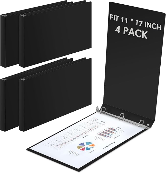 Humyoun 4 Pcs 11 x 17 Inch 3 Ring Binders 1.5 Inch Rings Heavy Duty View Plastic Flexible D Ring Binders Economy Holds 11" x 17" Paper for Artwork Blueprints, Office, Home, Work Places(Black)