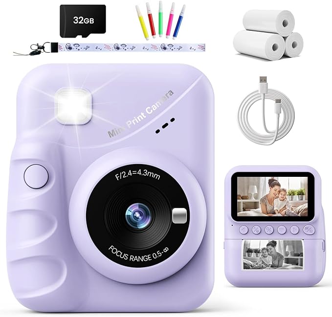 TIATUA Kids Camera Instant Print for Girls Ages 3-14, 3-inch HD Screen Camera for Kids with Printing Paper, 1080P Digital Toddler Toys for 4 5 6 7 8 9 10 11 12 Years Old (Purple)