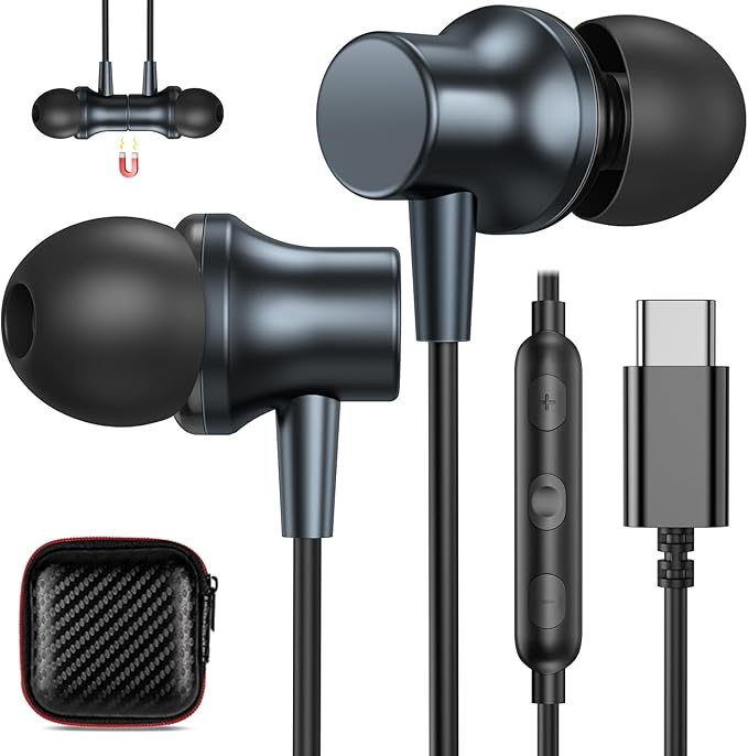 COOYA USB C Headphone Type C Wired Earbuds for iPhone 17 16 Pro Max 15 iPad 10 Pixel 9 8 Magnetic Bass Noise Canceling in-Ear Earphones+Mic for Samsung Galaxy S25 Ultra A16 A56 S23 A35 for OnePlus 13
