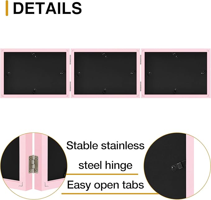 decorUhome Triple 6x4 Picture Frame Horizontal, Engineered Wood Trifold Photo Frame with Plexiglass for Tabletop Display, 6x4, Pink