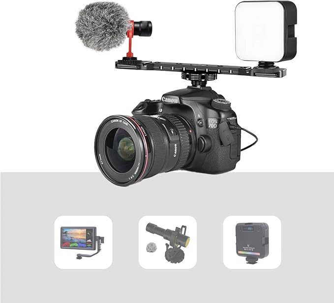 DF DIGITALFOTO Dual Cold Shoe Mount Bracket, Dual Cold Shoe Extension with 1/4"" Thread Holes Cable Slot for Flash LED Video Light Microphone, Black, DF-8210