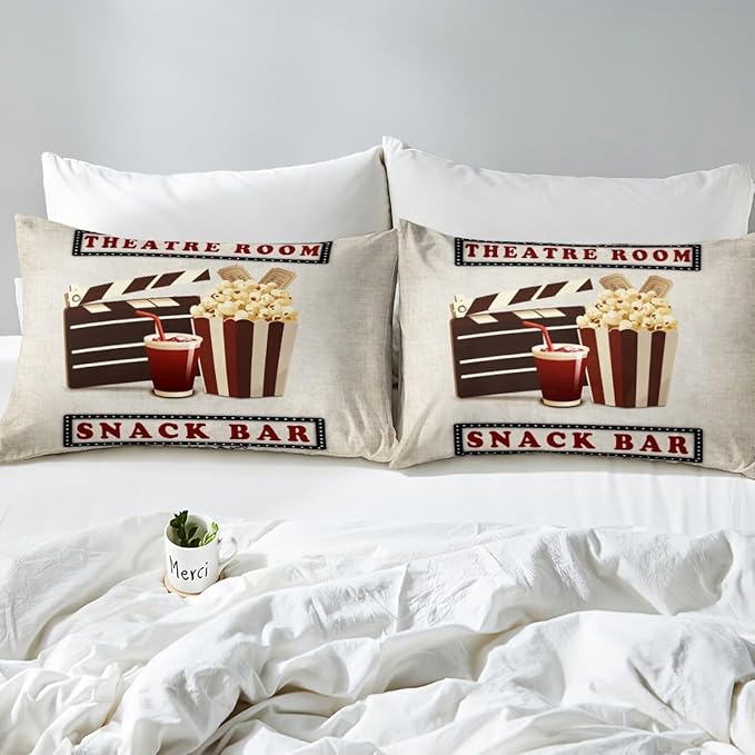 Erosebridal Home Theater Decor Bed Sheets Set Vintage Cinema Style Sheet Set, Movie Themed Sheets Clapboard Popcorn Filmstrip Print Fitted Sheet for Family Boys Girls Film Theme Decor Flat Sheet King