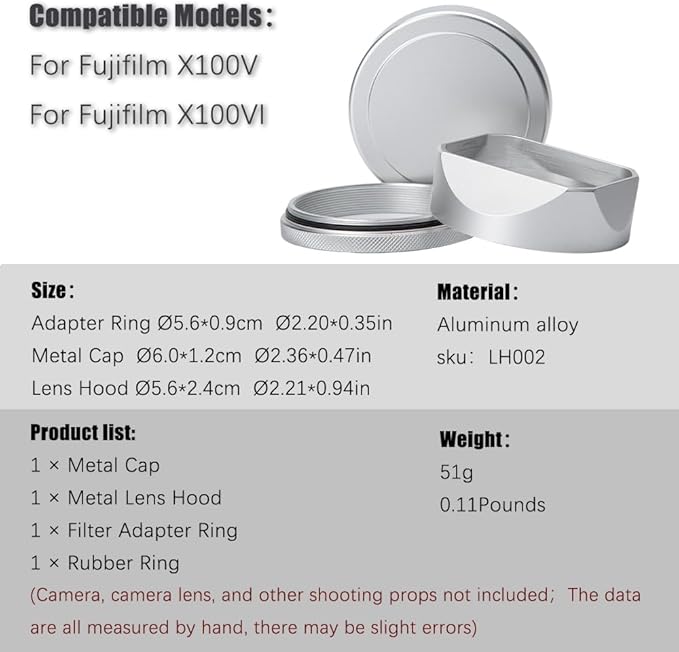 Metal Square Lens Hood (with Cap) with 49mm Adapter Ring for Fujifilm X100V/X100VI Camera Accessories (X100VI-Lens Hood-Silver)