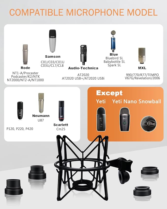 Microphone Shock Mount Mic Holder - Anti Vibration Spider Shockmount Compatible with Many Condenser Mics Like AT2020 MXL 770 MXL 990 Samson G Track Pro Rode Procaster NT1-A Neumann U87 etc.