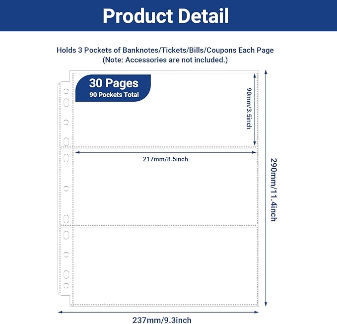 ENPOINT 90 Pockets Acid Free Currency Sleeves, 30 Pack Dollar Bill Sleeves for Collecting Cash, Banknotes or Coupons, Fit for 3 Ring Binder Currency Album, Non Stick and Non Glare