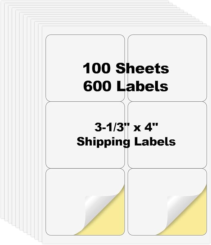 600 Pcs 6 Up Labels,4" x 3-1/3" Shipping Address Labels for Laser & Inkjet and Copier Printer, 100 Sheets 6 Labels per Page Sheets Blank Mailing Labels, 6 per Sheet Barcode Labels Sticker