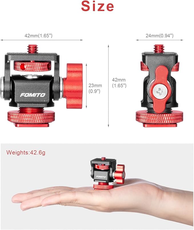 FOMITO Metal Camera Monitor Mount with 1/4" Serew and Cold Shoe, Rotary Adapter 360° Swivel Universal for Flash Speedlite, Field Monitor, LED Video Light, Microphone,etc - Red Color