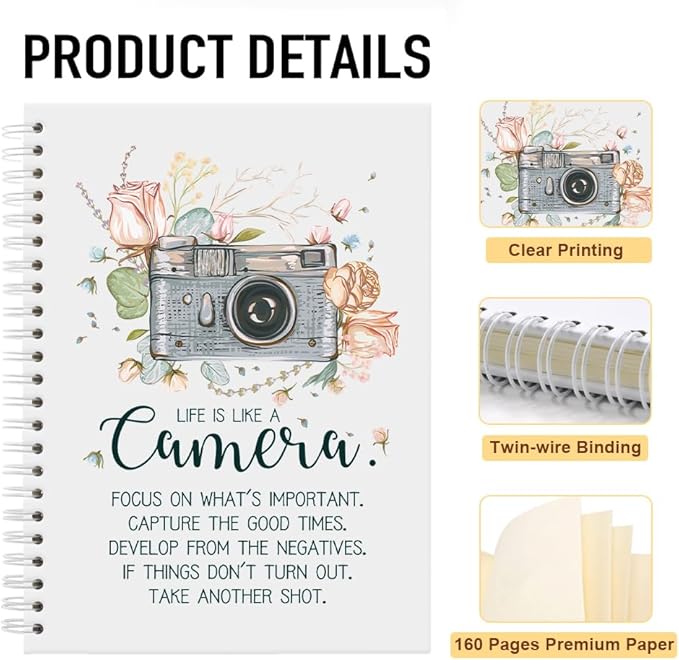 Life is Like a Camera Cute Spiral Notebook, Mental Health Gifts for Women, Inspirational Quote Gifts for Mom Sister Friend BFF Coworker, Notebook Gifts for Photography Enthusiasts