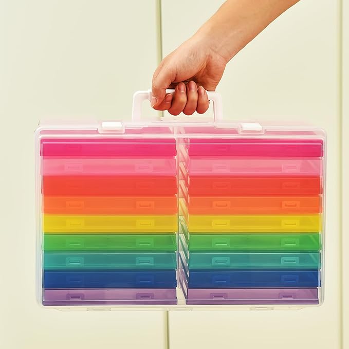ALINK Photo Storage Box 5" x 7" with Handle, 18 pcs Inner Photo Container Organizer and Craft Keeper, Portable Picture Case with Label for Arts, Crafts, Sewing, Stickers, Office Supplies - Colored