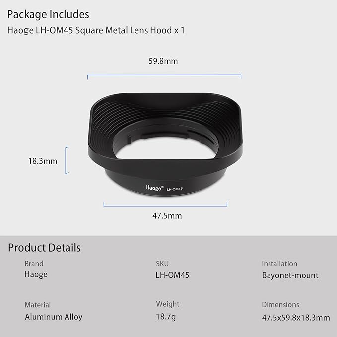 Haoge LH-OM45 Metal Square Lens Hood for Olympus M.ZUIKO Digital 45mm F1.8 Lens Bayonet Shade Hood