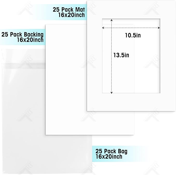 Golden State Art, Acid Free, Pack of 25, 16x20 White Picture Mats Mattes with White Core Bevel Cut for 11x14 Photo + Backing + Bags