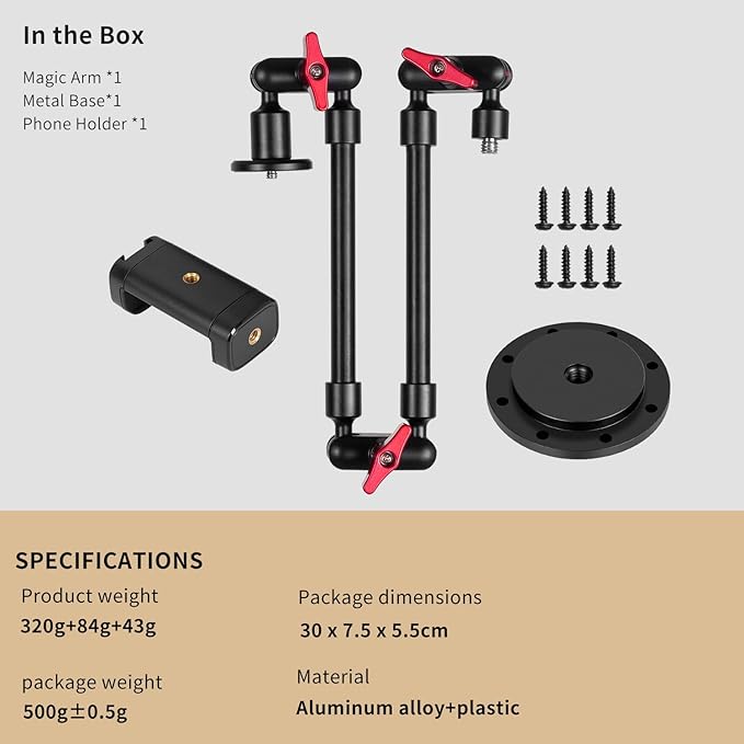 23'' Metal Base Magic Arm Phone Mount - Wall Screw-Mounted, 1LBS Load, 360° Rotatable for Live Stream/Office/Video Recording
